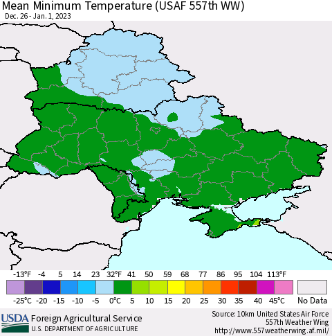 Ukraine, Moldova and Belarus Mean Minimum Temperature (USAF 557th WW) Thematic Map For 12/26/2022 - 1/1/2023