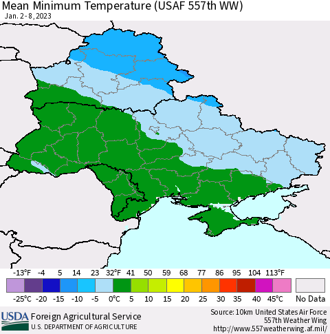 Ukraine, Moldova and Belarus Mean Minimum Temperature (USAF 557th WW) Thematic Map For 1/2/2023 - 1/8/2023