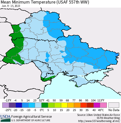 Ukraine, Moldova and Belarus Mean Minimum Temperature (USAF 557th WW) Thematic Map For 1/9/2023 - 1/15/2023