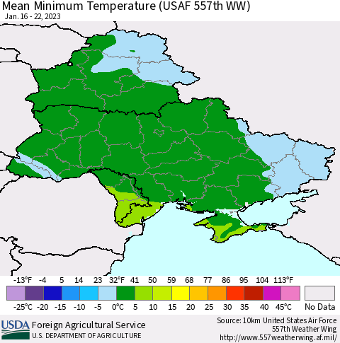 Ukraine, Moldova and Belarus Mean Minimum Temperature (USAF 557th WW) Thematic Map For 1/16/2023 - 1/22/2023