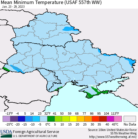 Ukraine, Moldova and Belarus Mean Minimum Temperature (USAF 557th WW) Thematic Map For 1/23/2023 - 1/29/2023