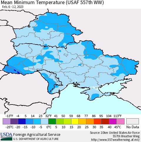 Ukraine, Moldova and Belarus Mean Minimum Temperature (USAF 557th WW) Thematic Map For 2/6/2023 - 2/12/2023