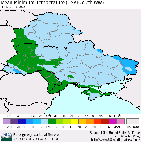 Ukraine, Moldova and Belarus Mean Minimum Temperature (USAF 557th WW) Thematic Map For 2/13/2023 - 2/19/2023
