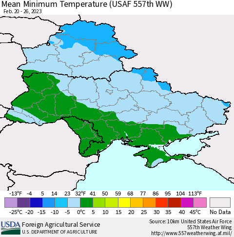 Ukraine, Moldova and Belarus Mean Minimum Temperature (USAF 557th WW) Thematic Map For 2/20/2023 - 2/26/2023