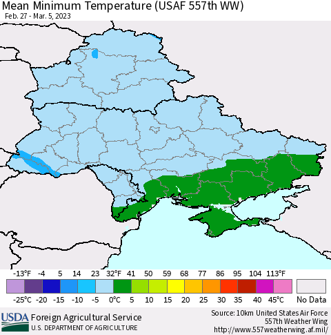 Ukraine, Moldova and Belarus Mean Minimum Temperature (USAF 557th WW) Thematic Map For 2/27/2023 - 3/5/2023
