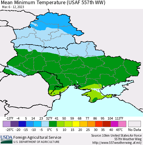Ukraine, Moldova and Belarus Mean Minimum Temperature (USAF 557th WW) Thematic Map For 3/6/2023 - 3/12/2023