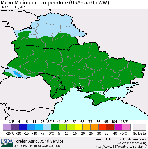 Ukraine, Moldova and Belarus Mean Minimum Temperature (USAF 557th WW) Thematic Map For 3/13/2023 - 3/19/2023