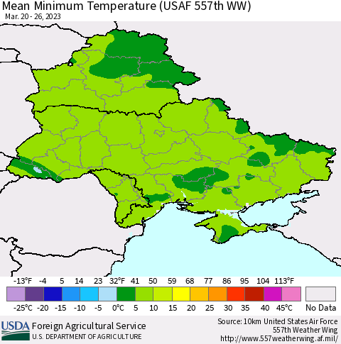 Ukraine, Moldova and Belarus Mean Minimum Temperature (USAF 557th WW) Thematic Map For 3/20/2023 - 3/26/2023