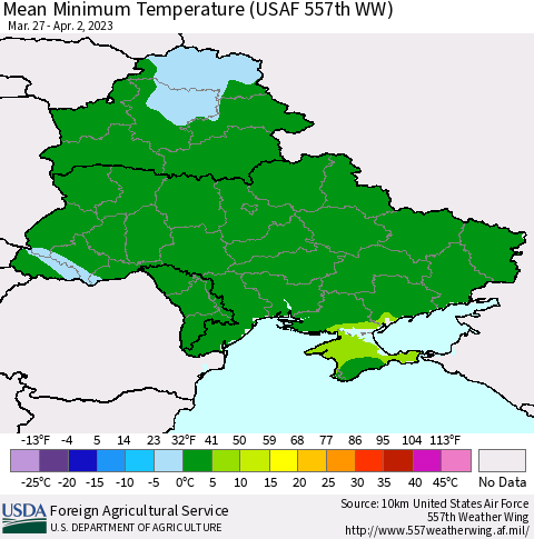Ukraine, Moldova and Belarus Mean Minimum Temperature (USAF 557th WW) Thematic Map For 3/27/2023 - 4/2/2023