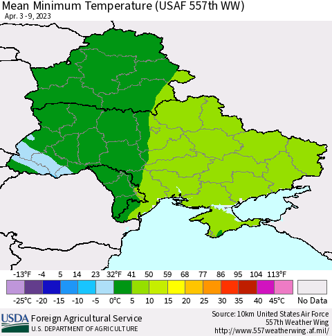 Ukraine, Moldova and Belarus Mean Minimum Temperature (USAF 557th WW) Thematic Map For 4/3/2023 - 4/9/2023