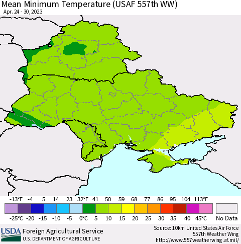 Ukraine, Moldova and Belarus Mean Minimum Temperature (USAF 557th WW) Thematic Map For 4/24/2023 - 4/30/2023