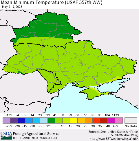 Ukraine, Moldova and Belarus Mean Minimum Temperature (USAF 557th WW) Thematic Map For 5/1/2023 - 5/7/2023