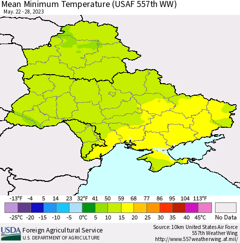 Ukraine, Moldova and Belarus Mean Minimum Temperature (USAF 557th WW) Thematic Map For 5/22/2023 - 5/28/2023