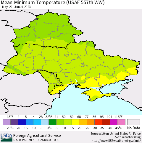 Ukraine, Moldova and Belarus Mean Minimum Temperature (USAF 557th WW) Thematic Map For 5/29/2023 - 6/4/2023