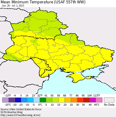 Ukraine, Moldova and Belarus Mean Minimum Temperature (USAF 557th WW) Thematic Map For 6/26/2023 - 7/2/2023