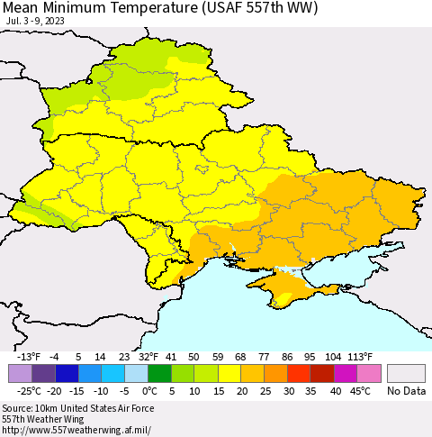 Ukraine, Moldova and Belarus Mean Minimum Temperature (USAF 557th WW) Thematic Map For 7/3/2023 - 7/9/2023
