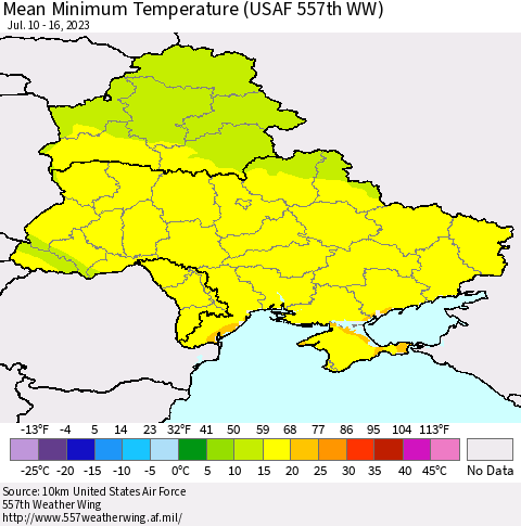 Ukraine, Moldova and Belarus Mean Minimum Temperature (USAF 557th WW) Thematic Map For 7/10/2023 - 7/16/2023
