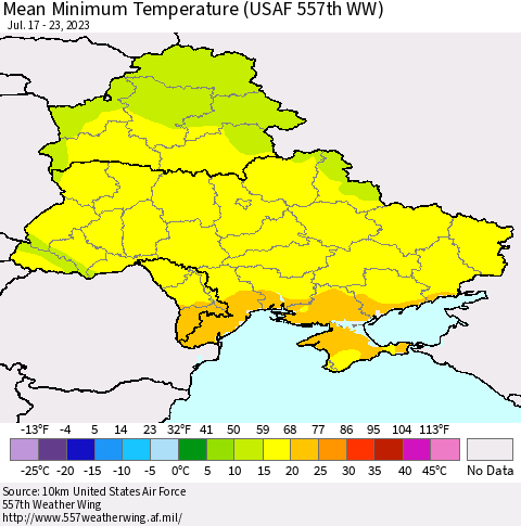 Ukraine, Moldova and Belarus Mean Minimum Temperature (USAF 557th WW) Thematic Map For 7/17/2023 - 7/23/2023