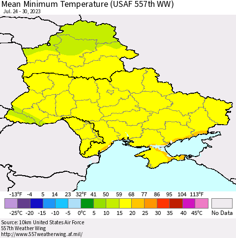 Ukraine, Moldova and Belarus Mean Minimum Temperature (USAF 557th WW) Thematic Map For 7/24/2023 - 7/30/2023