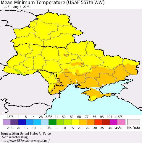 Ukraine, Moldova and Belarus Mean Minimum Temperature (USAF 557th WW) Thematic Map For 7/31/2023 - 8/6/2023