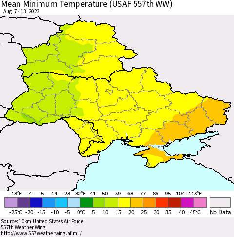 Ukraine, Moldova and Belarus Mean Minimum Temperature (USAF 557th WW) Thematic Map For 8/7/2023 - 8/13/2023