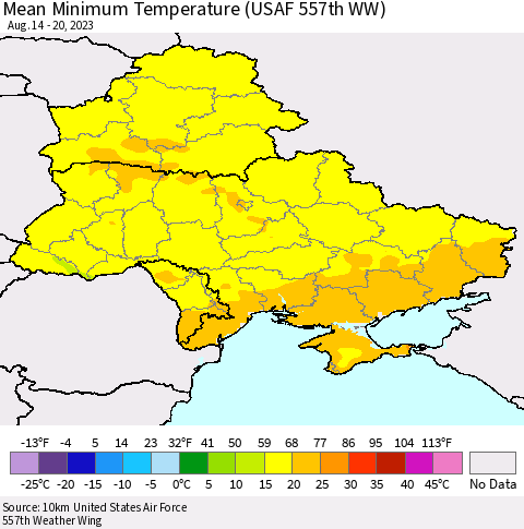 Ukraine, Moldova and Belarus Mean Minimum Temperature (USAF 557th WW) Thematic Map For 8/14/2023 - 8/20/2023