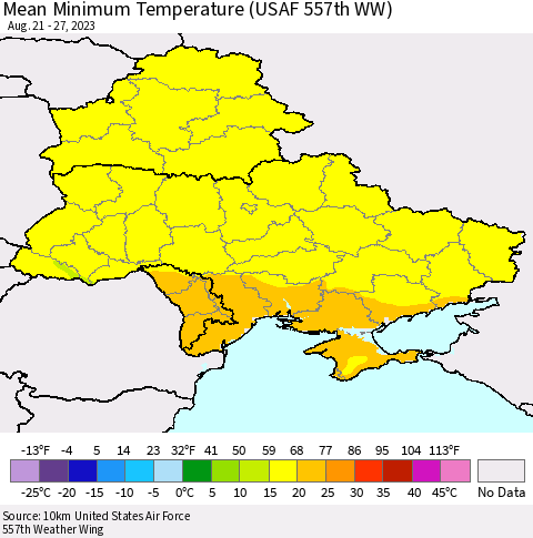 Ukraine, Moldova and Belarus Mean Minimum Temperature (USAF 557th WW) Thematic Map For 8/21/2023 - 8/27/2023