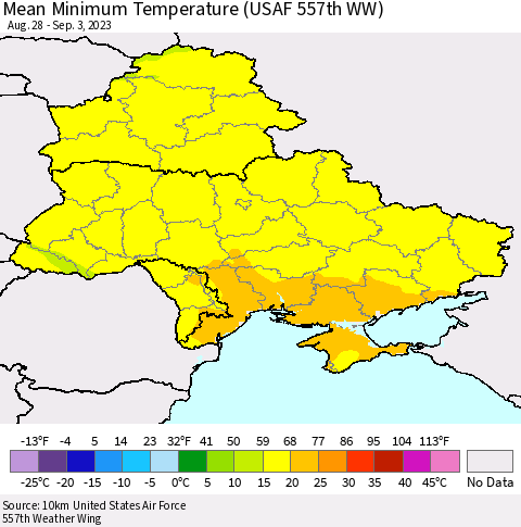 Ukraine, Moldova and Belarus Mean Minimum Temperature (USAF 557th WW) Thematic Map For 8/28/2023 - 9/3/2023