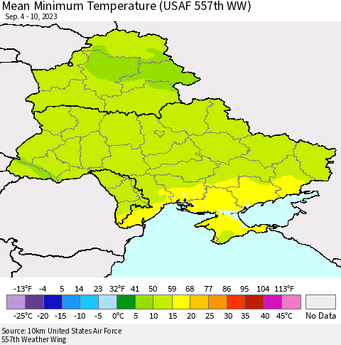 Ukraine, Moldova and Belarus Mean Minimum Temperature (USAF 557th WW) Thematic Map For 9/4/2023 - 9/10/2023