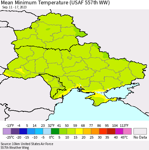 Ukraine, Moldova and Belarus Mean Minimum Temperature (USAF 557th WW) Thematic Map For 9/11/2023 - 9/17/2023