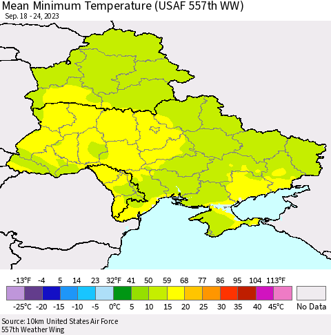 Ukraine, Moldova and Belarus Mean Minimum Temperature (USAF 557th WW) Thematic Map For 9/18/2023 - 9/24/2023