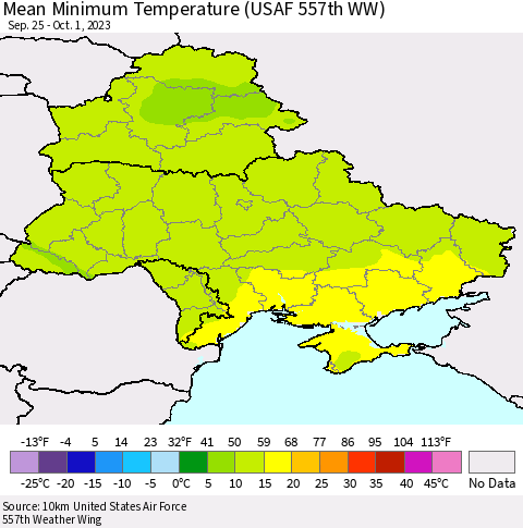 Ukraine, Moldova and Belarus Mean Minimum Temperature (USAF 557th WW) Thematic Map For 9/25/2023 - 10/1/2023