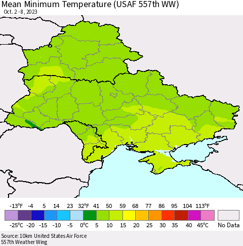 Ukraine, Moldova and Belarus Mean Minimum Temperature (USAF 557th WW) Thematic Map For 10/2/2023 - 10/8/2023