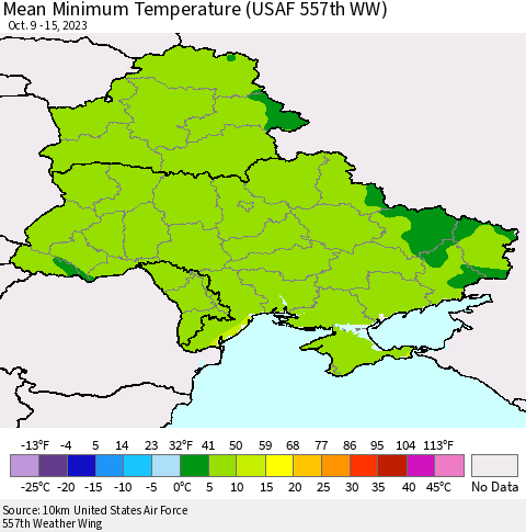 Ukraine, Moldova and Belarus Mean Minimum Temperature (USAF 557th WW) Thematic Map For 10/9/2023 - 10/15/2023