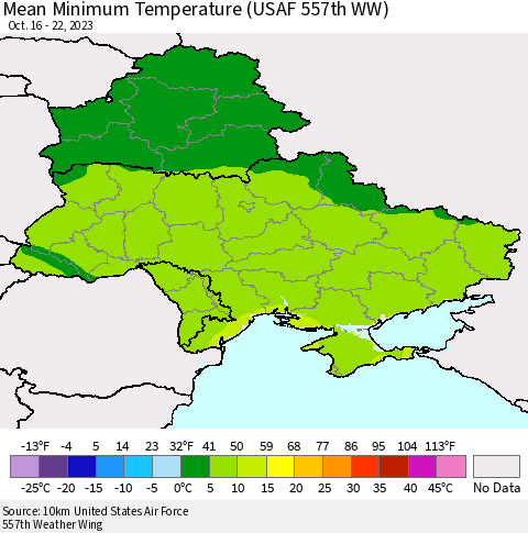 Ukraine, Moldova and Belarus Mean Minimum Temperature (USAF 557th WW) Thematic Map For 10/16/2023 - 10/22/2023