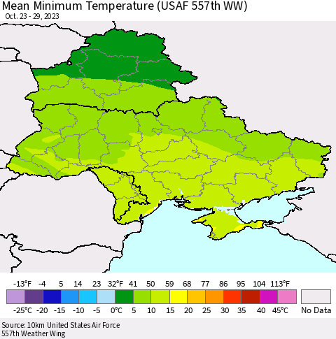 Ukraine, Moldova and Belarus Mean Minimum Temperature (USAF 557th WW) Thematic Map For 10/23/2023 - 10/29/2023