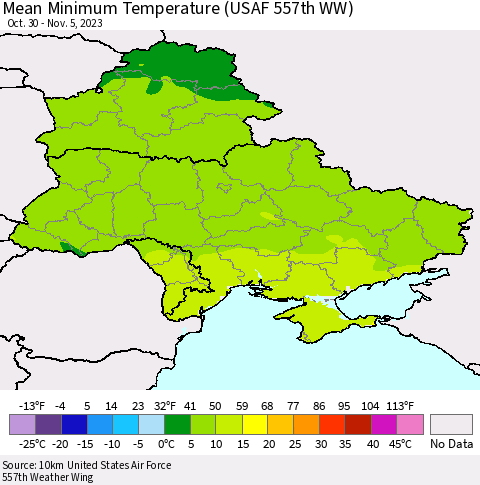 Ukraine, Moldova and Belarus Mean Minimum Temperature (USAF 557th WW) Thematic Map For 10/30/2023 - 11/5/2023