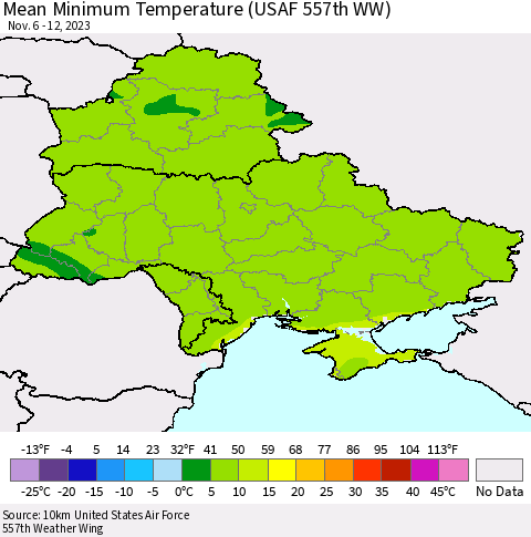 Ukraine, Moldova and Belarus Mean Minimum Temperature (USAF 557th WW) Thematic Map For 11/6/2023 - 11/12/2023