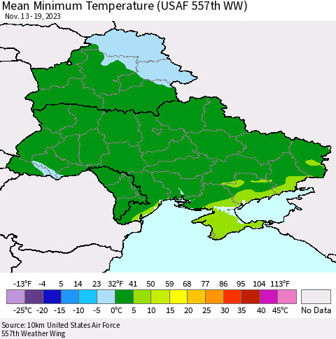 Ukraine, Moldova and Belarus Mean Minimum Temperature (USAF 557th WW) Thematic Map For 11/13/2023 - 11/19/2023