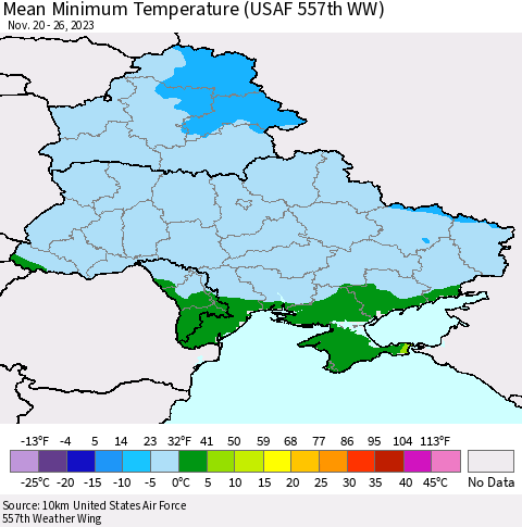 Ukraine, Moldova and Belarus Mean Minimum Temperature (USAF 557th WW) Thematic Map For 11/20/2023 - 11/26/2023