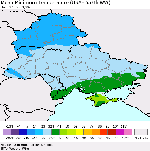 Ukraine, Moldova and Belarus Mean Minimum Temperature (USAF 557th WW) Thematic Map For 11/27/2023 - 12/3/2023