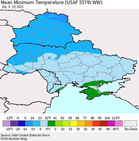 Ukraine, Moldova and Belarus Mean Minimum Temperature (USAF 557th WW) Thematic Map For 12/4/2023 - 12/10/2023