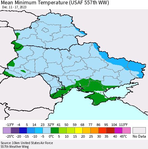Ukraine, Moldova and Belarus Mean Minimum Temperature (USAF 557th WW) Thematic Map For 12/11/2023 - 12/17/2023