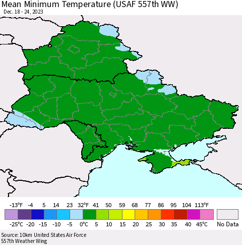 Ukraine, Moldova and Belarus Mean Minimum Temperature (USAF 557th WW) Thematic Map For 12/18/2023 - 12/24/2023