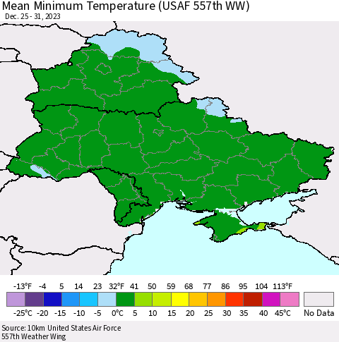 Ukraine, Moldova and Belarus Mean Minimum Temperature (USAF 557th WW) Thematic Map For 12/25/2023 - 12/31/2023