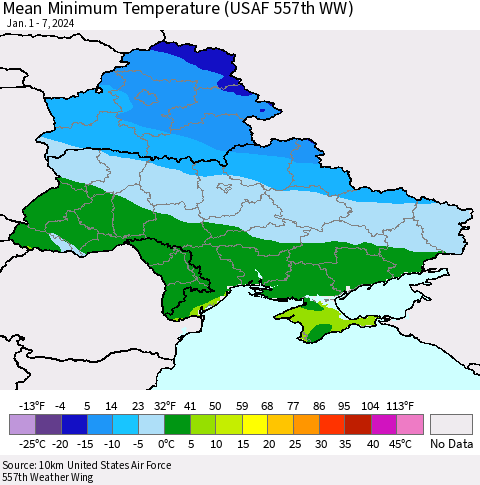 Ukraine, Moldova and Belarus Mean Minimum Temperature (USAF 557th WW) Thematic Map For 1/1/2024 - 1/7/2024