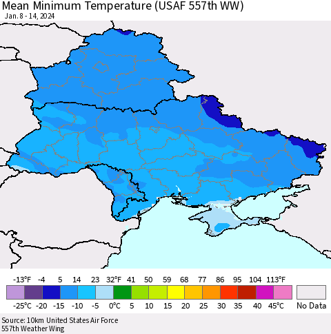 Ukraine, Moldova and Belarus Mean Minimum Temperature (USAF 557th WW) Thematic Map For 1/8/2024 - 1/14/2024