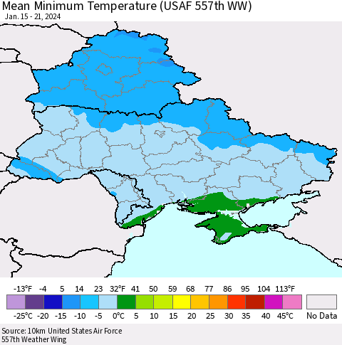 Ukraine, Moldova and Belarus Mean Minimum Temperature (USAF 557th WW) Thematic Map For 1/15/2024 - 1/21/2024