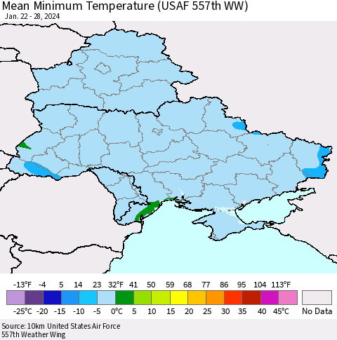 Ukraine, Moldova and Belarus Mean Minimum Temperature (USAF 557th WW) Thematic Map For 1/22/2024 - 1/28/2024
