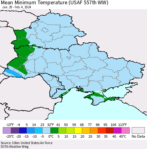 Ukraine, Moldova and Belarus Mean Minimum Temperature (USAF 557th WW) Thematic Map For 1/29/2024 - 2/4/2024
